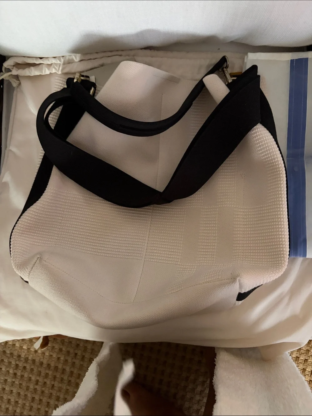 Rothy's Cream Knit Shoulder Hobo with Black Strap and Tags